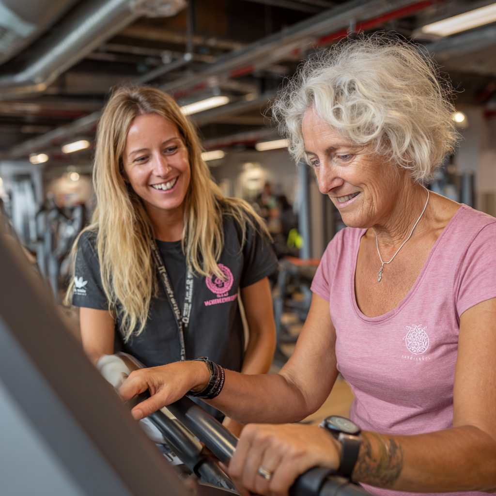 Femeie în vârstă de 58 de ani încercând prima sesiune de fitness la fundrestal, ghidată de un antrenor prietenos
