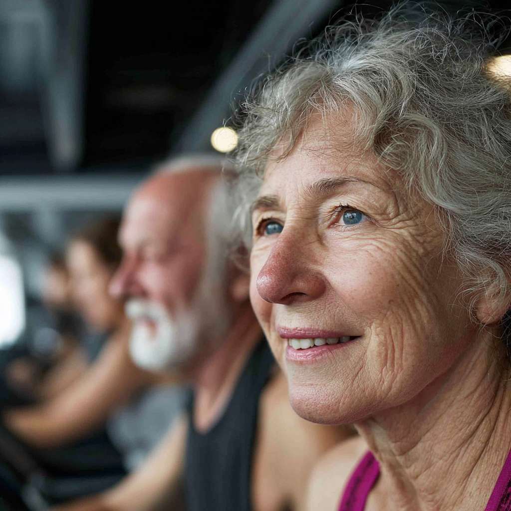 Grup de adulți între 50-60 de ani făcând exerciții cardio în sala de fitness, zâmbind și motivați