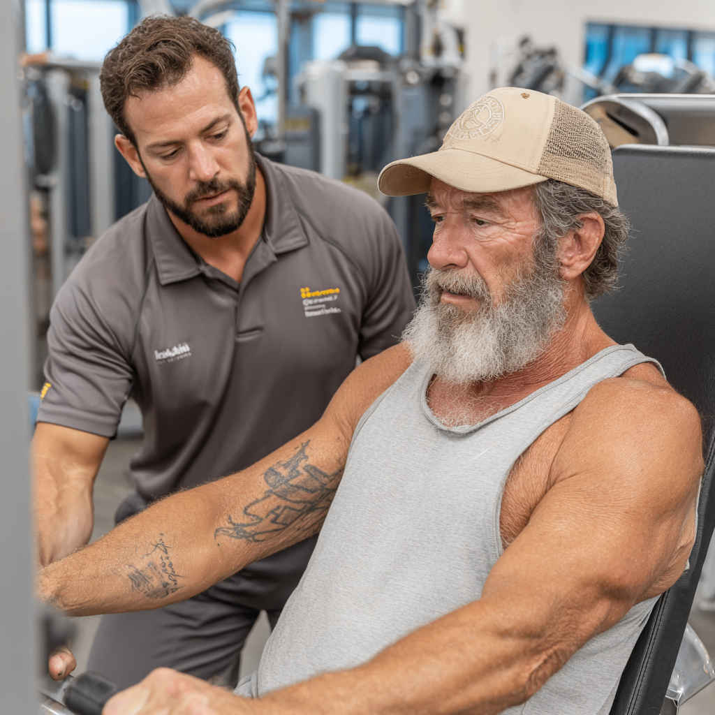 Antrenor personal lucrând cu un client în vârstă de 55 de ani într-o sesiune individuală de fitness